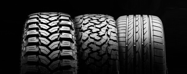mud all-season all terrain tires and road wheel on a black background