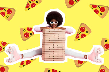 Creative image of lady sit pile carton package pizza innovative delivery concept isolated bright...