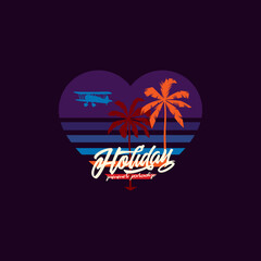 Naklejka premium Original vector illustration. Palm trees and a plane on the background of a retro sunset in the shape of a heart in the style of the 80s. T-shirt design, design element.