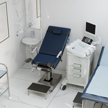 Modern interior of a women's clinic. Gynecology room with special equipment. 3d rendering
