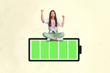 Surreal artwork collage of excited lady sit full battery rejoice energy for whole day isolated...