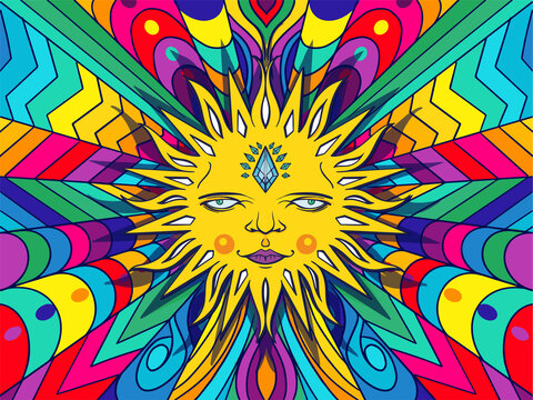 Great Wave in Psychedelic Hippie style. Sun cartoon character stylized like the Pop art of the Sixties.Optic llusion background