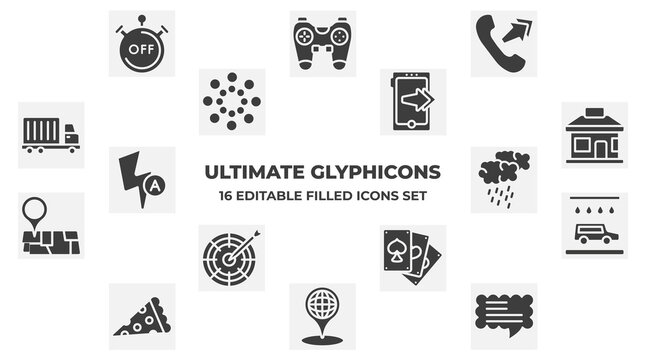 Concept Of 16 Ultimate Glyphicons Filled Icons Such As Timer Off, Phone Call Outcoming, Phone With Right Arrow, Groceries Shop, Rain Cloud, Car Wash, Three Cards, Big Map Placeholder, Message