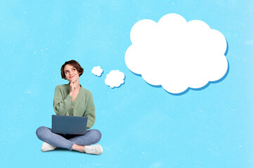 Collage image of minded intelligent person look empty space cloud bubble ponder imagine isolated on...