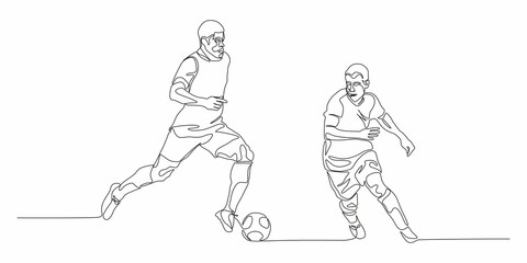 Football, soccer player kicking ball, side view. Isolated vector black and white one continuous line silhouette. Silhouette of football or soccer defender, striker or goalkeeper. Vector clipart 
