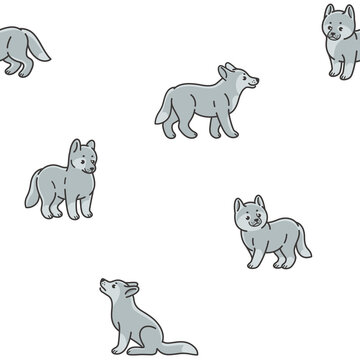 Simple seamless trendy animal pattern with wolf cub in different poses. Cartoon vector print.
