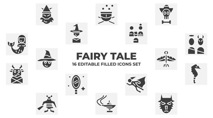 concept of 16 fairy tale filled icons such as dwarf, caribbean, protagonist, antagonist, dragonfly, seahorses, hero, genie, beast vector illustration.