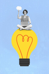 Vertical composite picture of girl use wireless netbook sit big light bulb illustration isolated on...