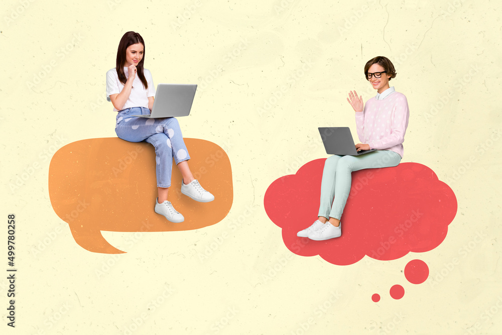 Fototapete creative illustration of two people use wireless netbook write typing message isolated on yellow bac