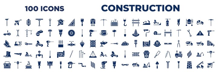 Fototapeta set of 100 glyph construction icons. editable filled icons such as brick hammer, tool box, angle grinder, sledge hammer, beam, rubber boots, toolbox, scratcher tool, crane truck vector illustration. obraz