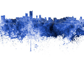 Leeds skyline in blue watercolor on white background