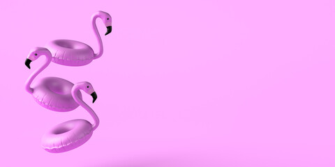 Summer concept with flamingo floats floating on pink background. Copy space. 3D illustration.