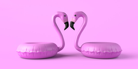 Flamingo floats making a heart with the necks. Inflatable beach or pool toy. Summer vacations. Copy space. 3D illustration.