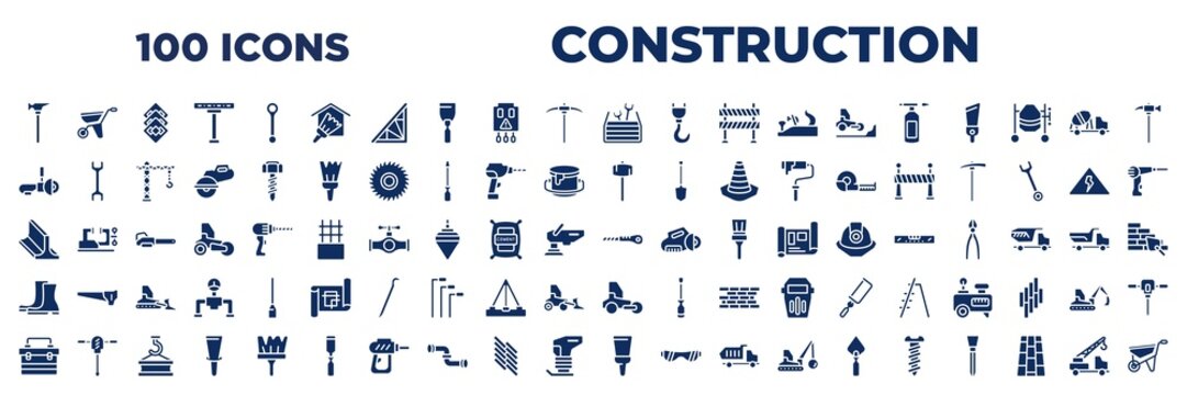 set of 100 glyph construction icons. editable filled icons such as brick hammer, tool box, angle grinder, sledge hammer, beam, rubber boots, toolbox, scratcher tool, crane truck vector illustration.