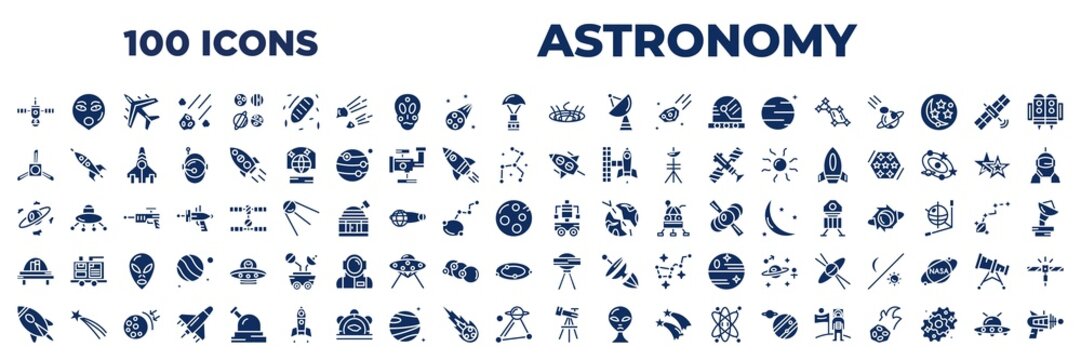 set of 100 glyph astronomy icons. editable filled icons such as space module, gamma ray, airscrew, space travel, space junk, colony, rocket flying, telescope pointing up, ufo flying vector