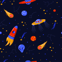 Space ships, stars, planets seamless vector illustration