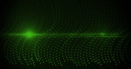 Image of green binary coding data processing over black background