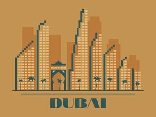 Dubai cityscape with skyscrapers and palm trees in vintage style. Dubai UAE city skyline banner for print, posters and promotional materials. Vector illustration