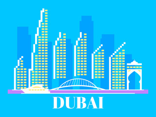 Dubai cityscape with skyscrapers, bridge, palm trees and yachts. Dubai UAE city skyline banner for print, posters and promotional materials. Vector illustration