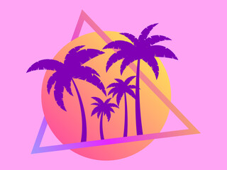 Fototapeta na wymiar 80s retro sci-fi palm trees on a sunset. Retro futuristic sun with palm trees. Summer time. Synthwave and retrowave style. Design for advertising brochures, banners and posters. Vector illustration