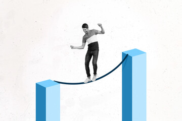 Creative collage picture of young man rope walking keep balance stability isolated on white background