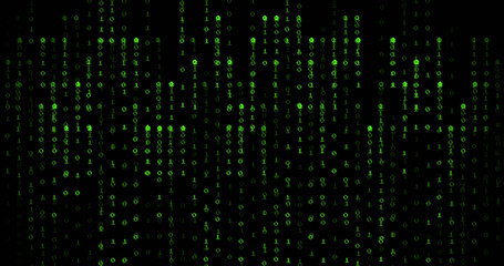 Image of green binary coding data processing over black background