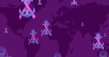 Obraz na płótnie Canvas Image of national cancer day and breast cancer awareness ribbon over world map