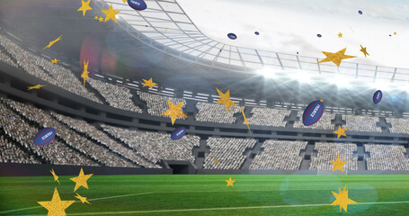 Image of stars over rugby balls falling with france text at stadium