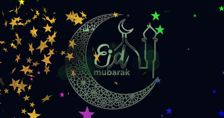 Image of eid mubarak logo and text over falling stars