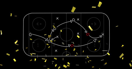 Image of confetti over drawing of game plan on black background