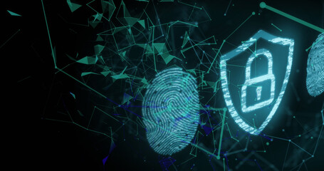 Image of networks over biometric fingerprints and online security padlock