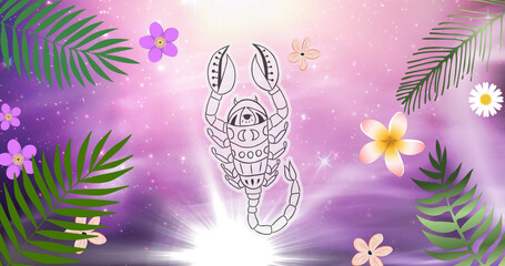 Image of scorpio star sign over flowers and leaves on purple background