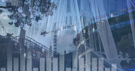 Image of financial data processing over constructions site and busy city