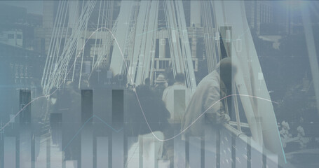 Image of financial data processing over busy city