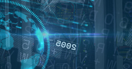 Image of globe and financial data processing over server room