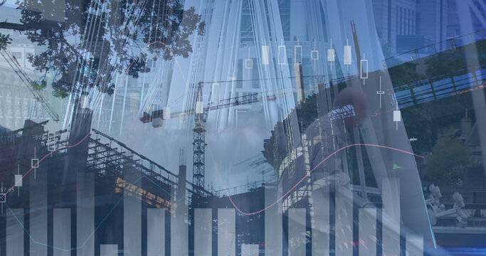 Image of financial data processing over constructions site and busy city