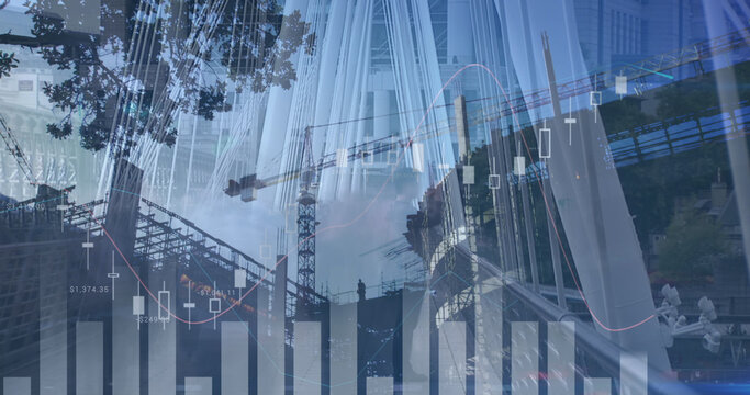 Image of financial data processing over constructions site and busy city - Powered by Adobe