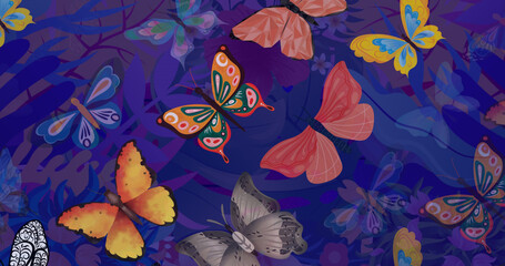 Image of colourful butterflies over plants