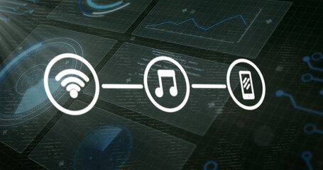 Image of media icons over data processing on black background