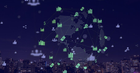 Image of financial data processing and globe over cityscape