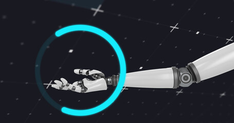 Naklejka premium Image of moving circle and robotic arm on black background