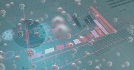Image of covid 19 cells floating over statistics in background