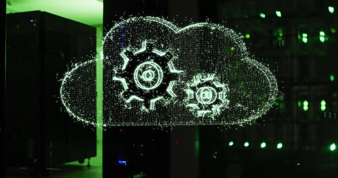 Animation of cloud with cogs over server room