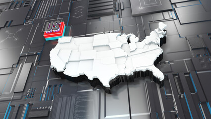 Futuristic  America technologically advances into the future. Futuristic Digital Map of US. 3D rendering