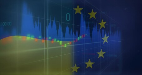 Animation of flag of ukraine and eu over data processing - Powered by Adobe