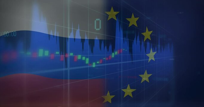 Animation of flag of russia and eu over data processing - Powered by Adobe