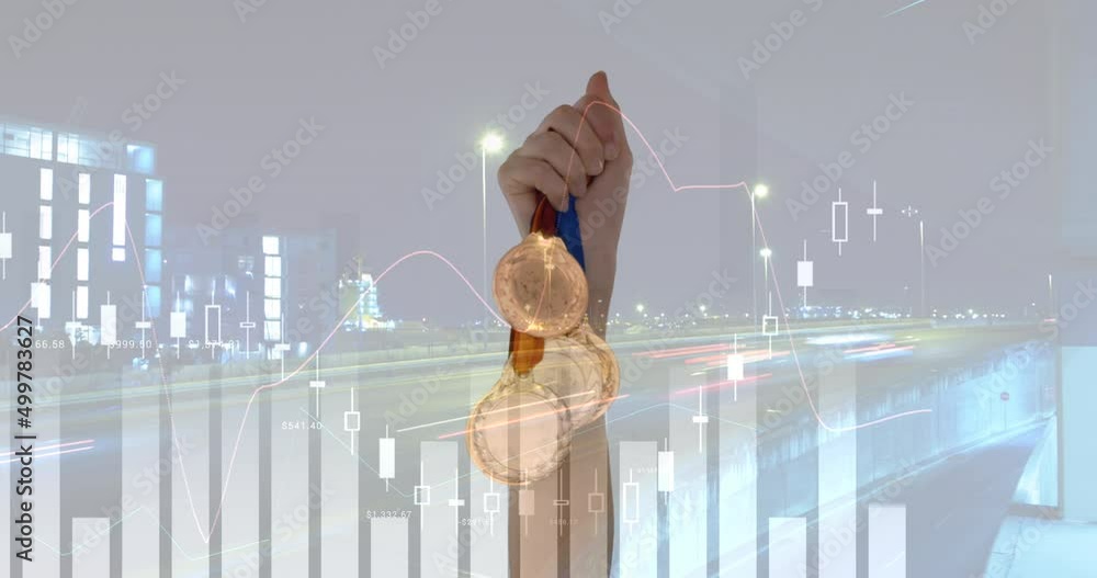 Poster animation of data processing over cityscape and medals