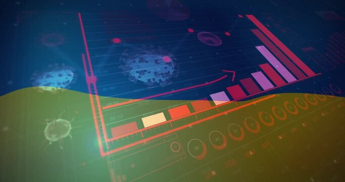 Animation of data processing and virus cells over ukraine flag