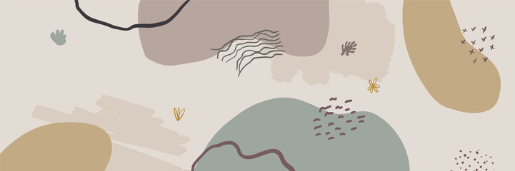 Abstract floral hand drawn art background vector. Luxury minimal style wallpaper with line art flower and botanical leaves, Organic shapes. Vector background for banner, poster, Web and packaging.