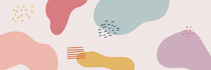 Abstract organic long vector banner template. Minimal background in boho style with copy space for text. Facebook cover. Modern boho abstract hand drawn colorful presentation design background